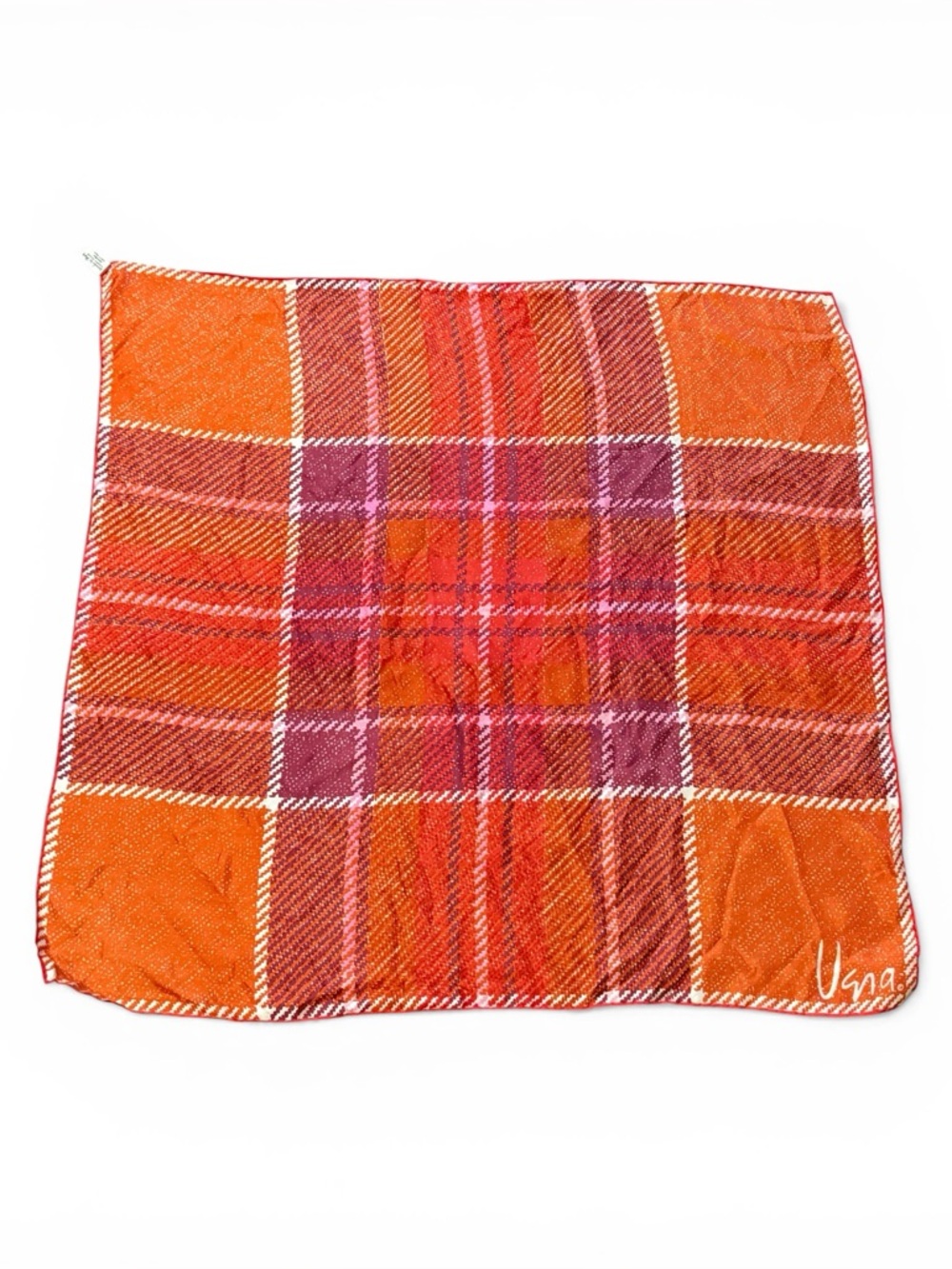 Vintage Vera Neumann Scarf Silk Blend  Plaid Orange Red White Purple 26” x 26”